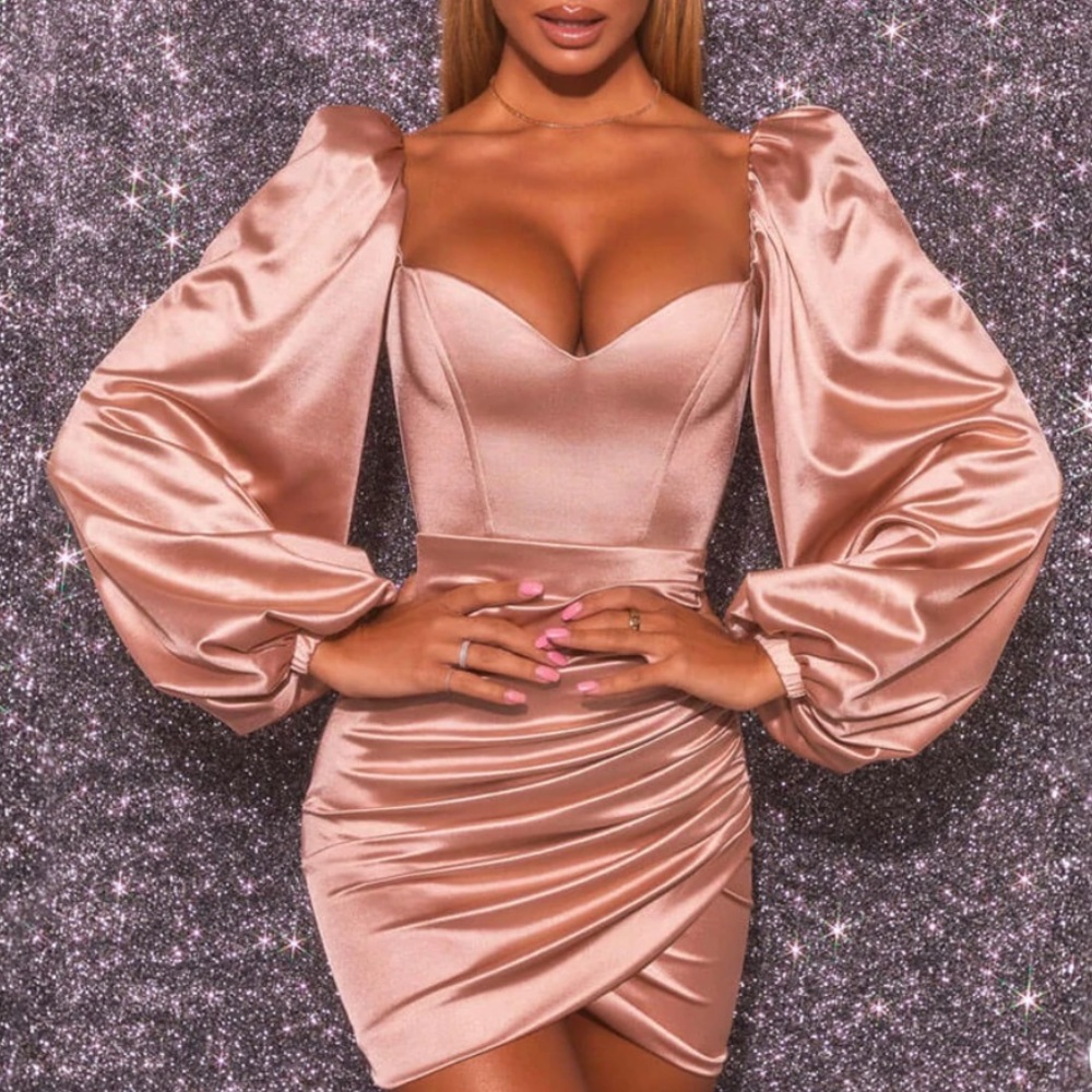 **NEW** Oh Polly Gold Satin Dress with Puffed Sleeves